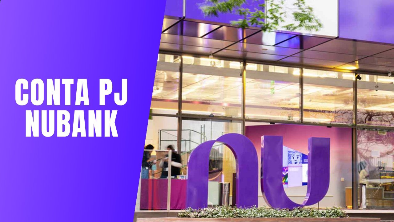 Fachada do prédio do Nubank com grande escultura roxa em forma das letras “nu” em frente. À esquerda, sobre um fundo roxo, está escrito em letras brancas: "Conta PJ Nubank