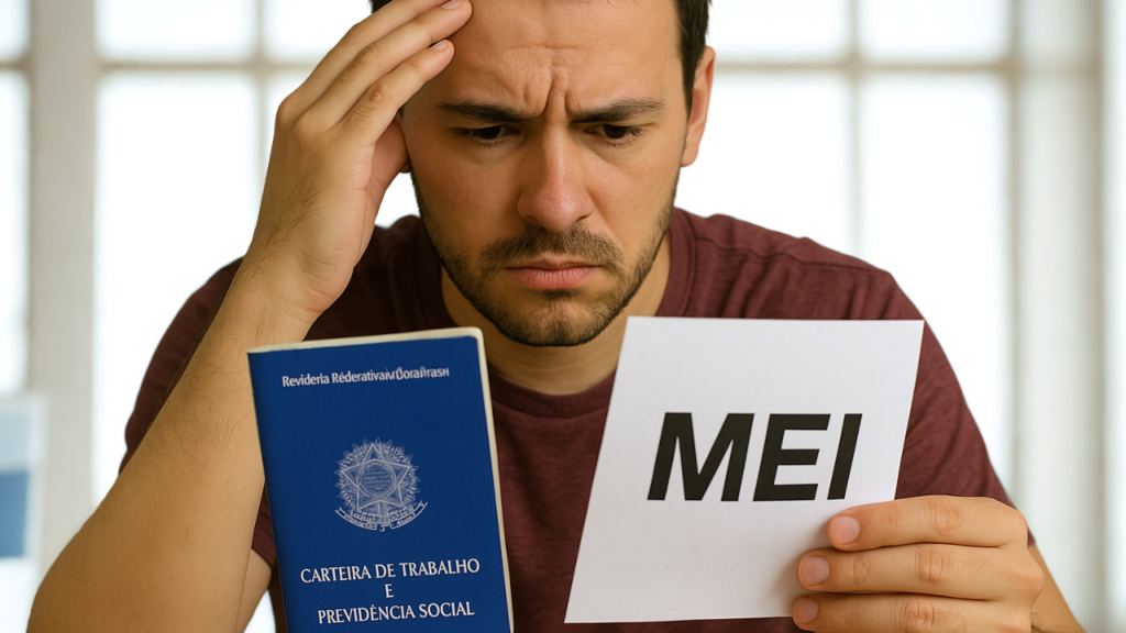 Pessoa preocupada segurando a carteira de trabalho e o CNPJ do MEI nas mãos, representando a dúvida sobre o direito ao seguro-desemprego.