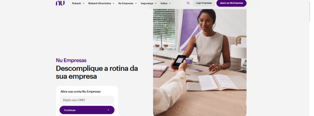 Tela do aplicativo da conta PJ Nubank mostrando opções de Pix, boletos e transferências para MEI e pequenas empresas
